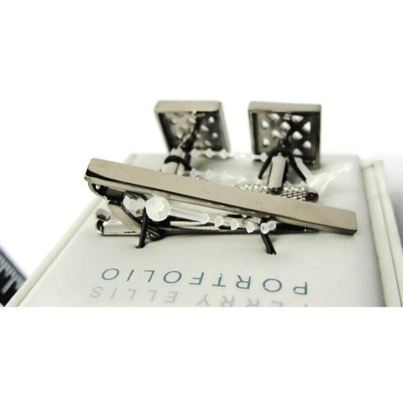 Perry Ellis Portfolio Cufflinks Set w Neck Tie Clip Silver Tone Wedding IOB - Picture 6 of 8